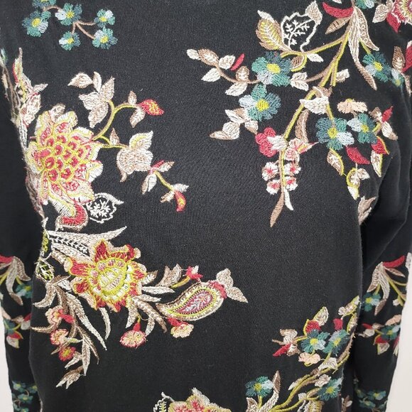 J Jill Valley Flowers Embroidered Knit Black Top Size Lg - Picture 2 of 10